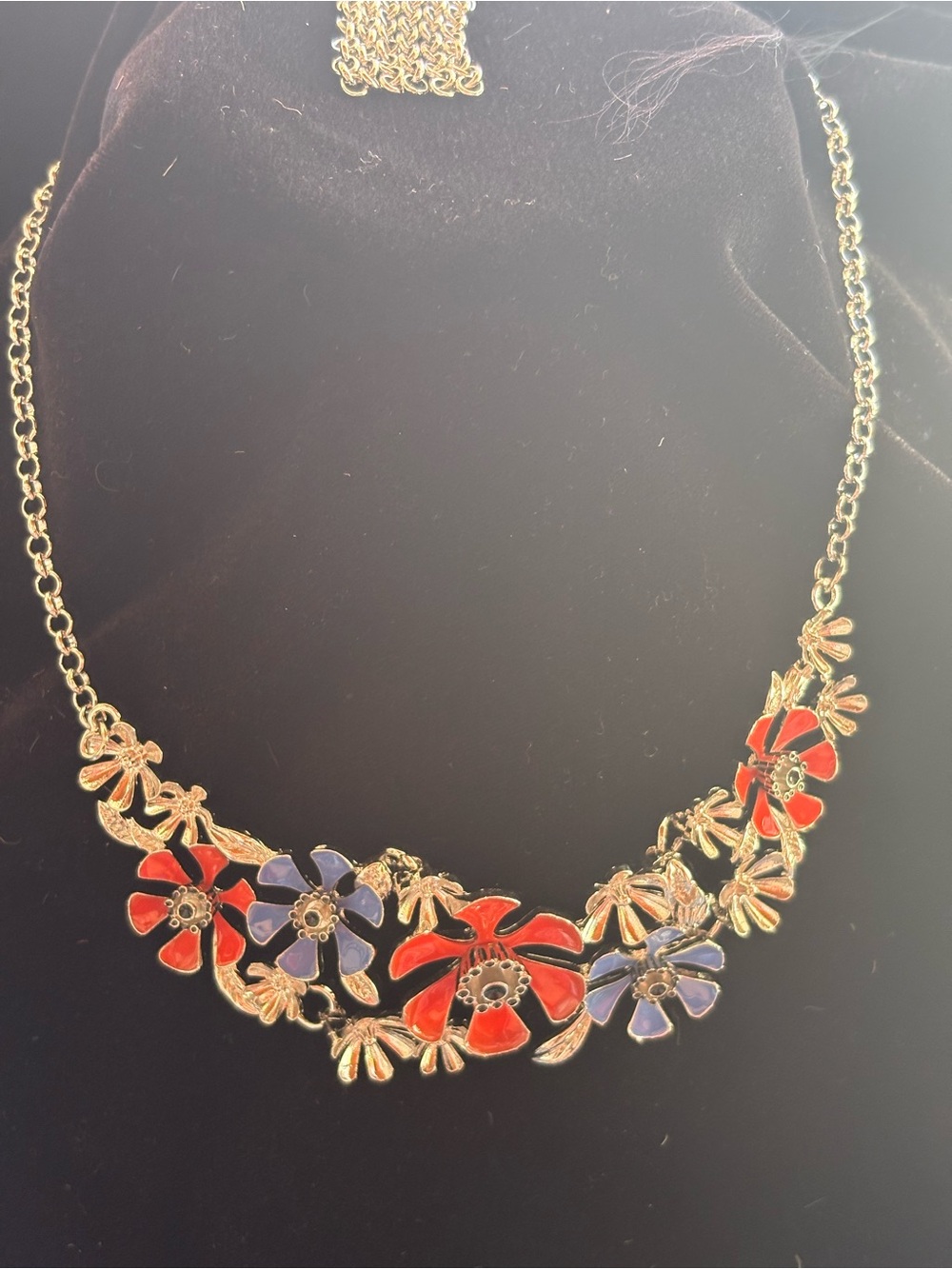 Silver Floral Statement Necklace with Red and Blue Enamel